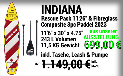 2023 INDIANA 1149 699 MAIN SUP Showroom 2023 INDIANA Rescue Pack 11622x3022x4.7522 Indiana 3pc Fibreglass Composite Paddle Ausstellungsstueck