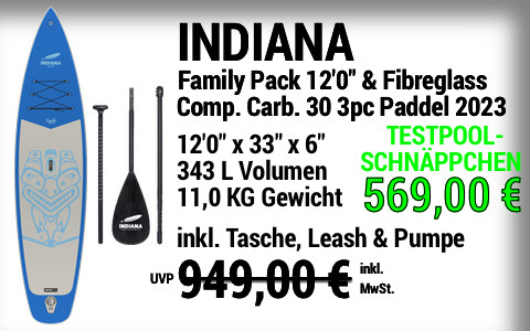 2023 INDIANA 949 569 MAIN SUP Showroom 2023 INDIANA Family Pack blue 12022x3322x622 Indiana 3pc FibreglassComposite Carbon 30 Paddle Testboard